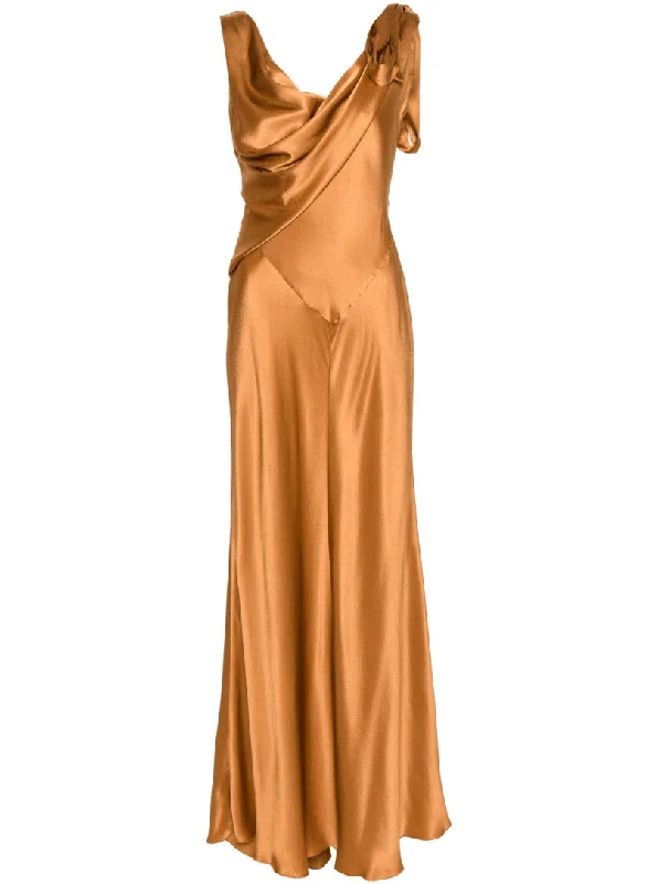 Trendy velvet maxi dresses for winter evenings-draped-detail cognac long dress