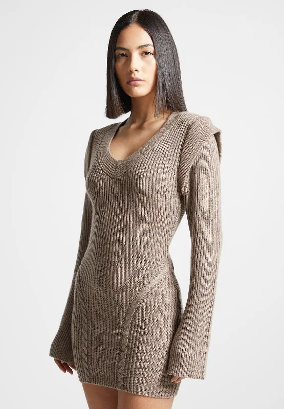 mini dresses-perfect for stylish vacationsWide Shoulder Knitted Contour Mini Dress - Taupe