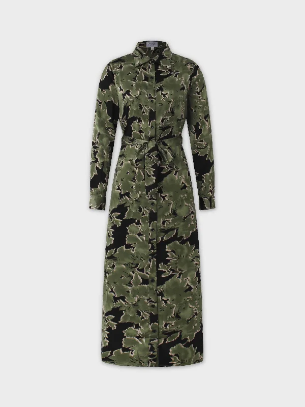 Formal evening satin maxi dresses-Long Shirtdress-Green/Black Floral