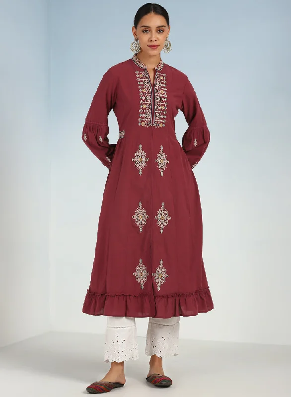 Casual printed maxi dresses-Maroon Long Geometrical Embroidered Dress with Frilled Hem