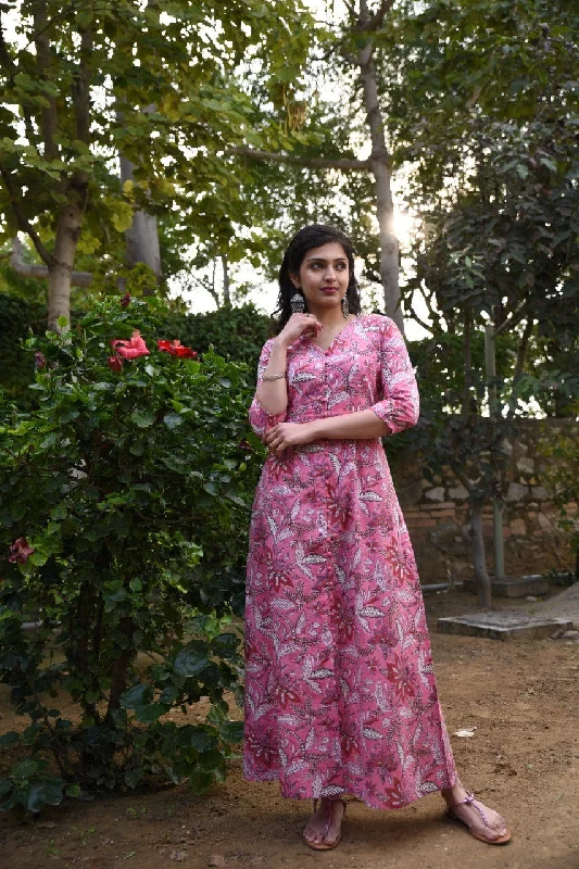 Long sleeve floral maxi dresses-Women full length pink floral long dress in pure Handblock