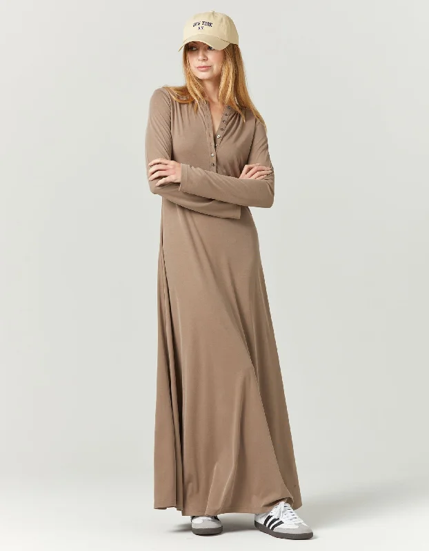 Elegant lace and satin maxi dresses-Vaughn Longsleeve Dress - Stone