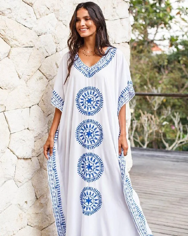 Elegant maxi dresses with tulle skirts-Embroidered Long Kaftan Dress