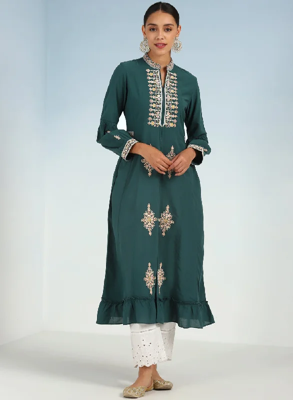 Formal maxi dresses for evening parties-Green Long Geometrical Embroidered Dress with Frilled Hem