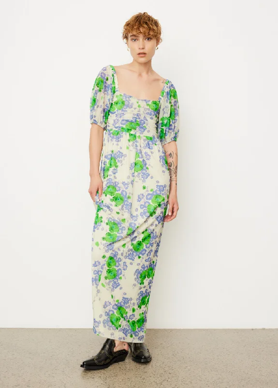 Plus size floral print maxi dresses-Printed Mesh Puff Sleeves Long Dress