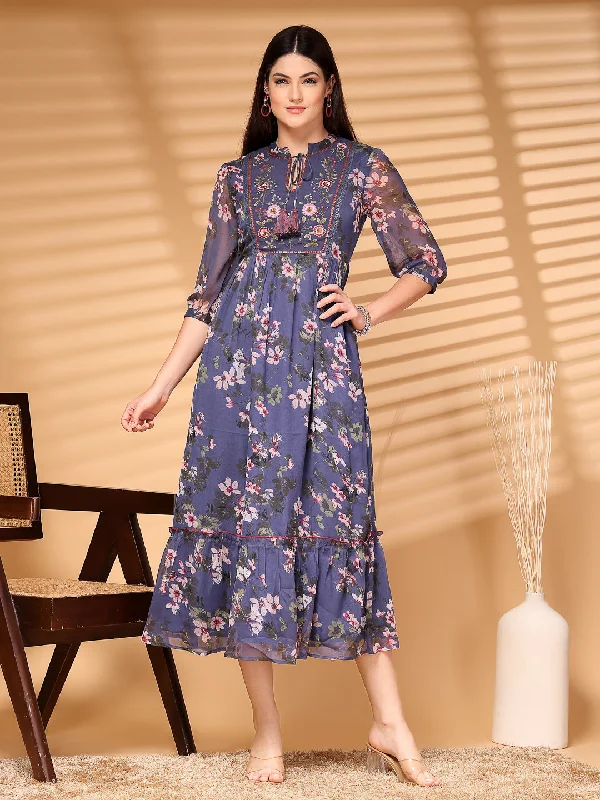 Maxi dresses with pleated skirts-Chiffon Printed Long Dress Crepe Lining