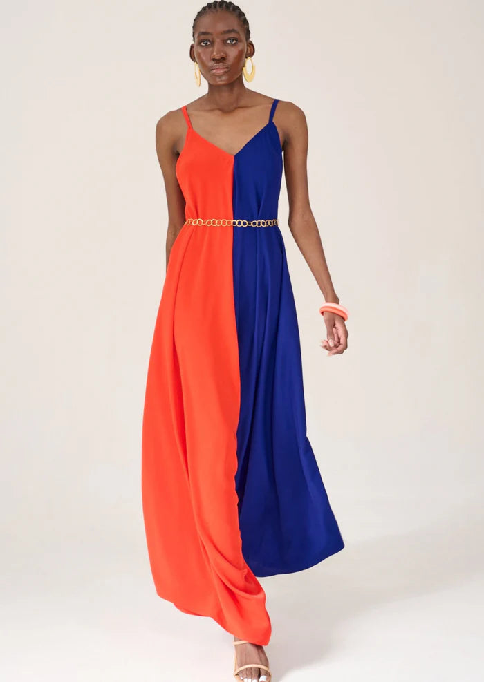 Elegant satin wrap maxi dresses with lace-Kahindo Longstreet Color Block Jumpsuit with spaghetti straps and side pockets