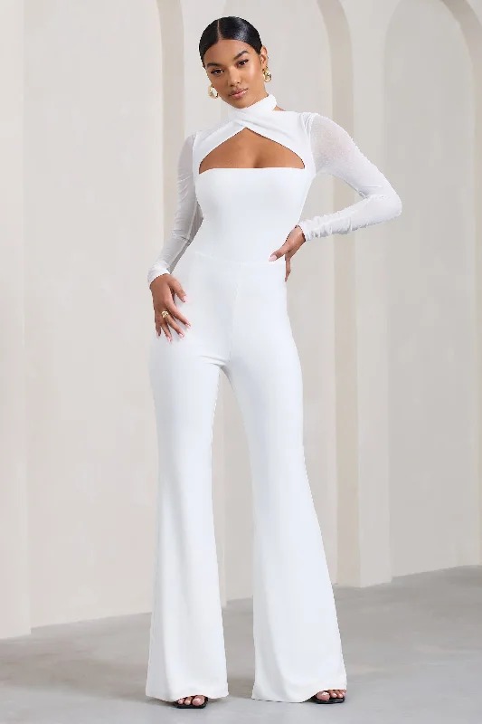 Printed maxi dresses with long sleeves-Fallon | White Flared-Leg Jumpsuit With Long Mesh Sleeves