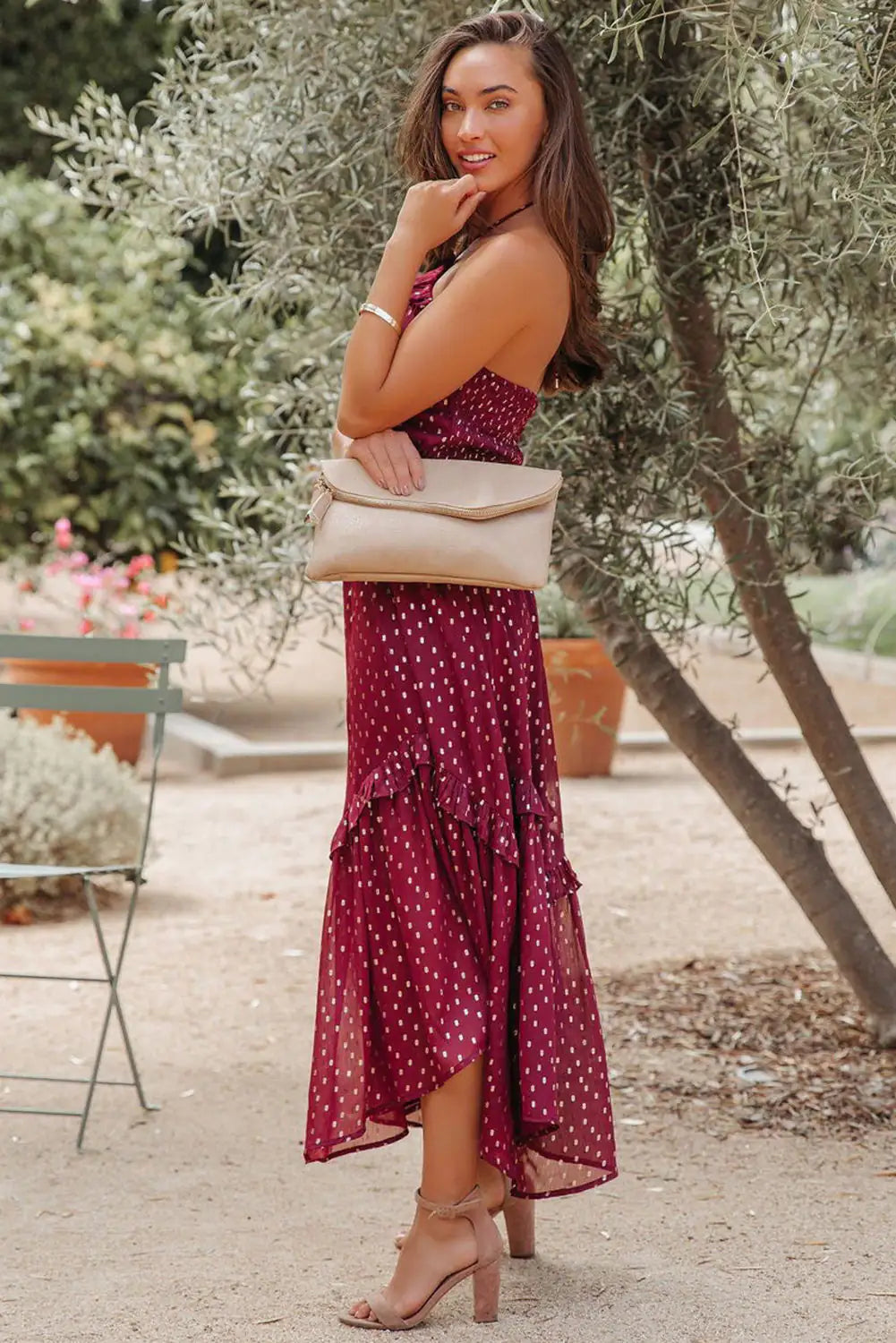 Casual boho maxi dresses-Red Polka Dot Long Dress