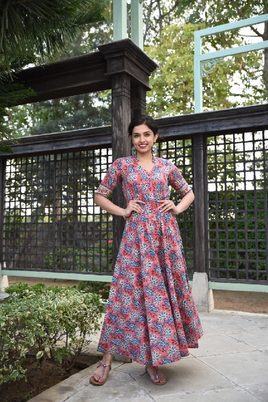 Formal long maxi dresses for weddings-Twirl In Pink Pure Handblock Long Summer Dress