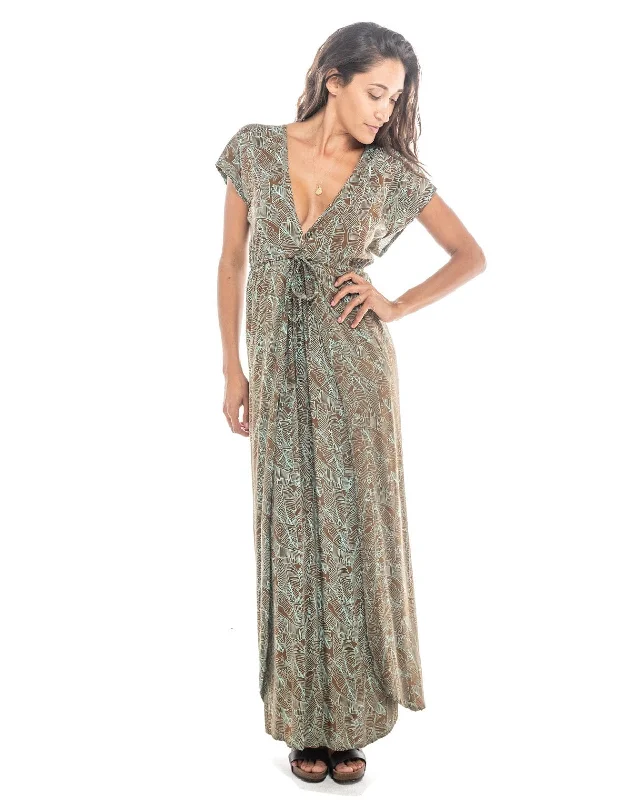 Sexy floral print satin maxi dresses-Long Printed Resort Uptown Dress