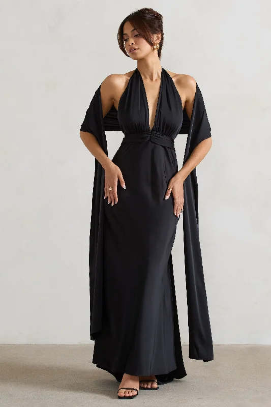 Boho-inspired wrap maxi dresses-Lucca | Black Satin Long Shawl