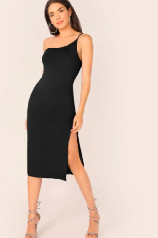 Midi dresses for a chic family gathering-One Shoulder Midi Dress Black