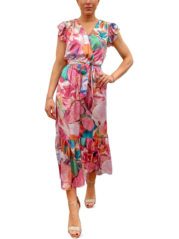 Midi dresses with oversized sleeves-Womens Floral Faux Wrap Midi Dress