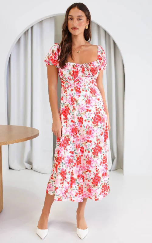 Midi dresses for a fashionable workday-Kiaya Midi Dress - Red Pink Floral