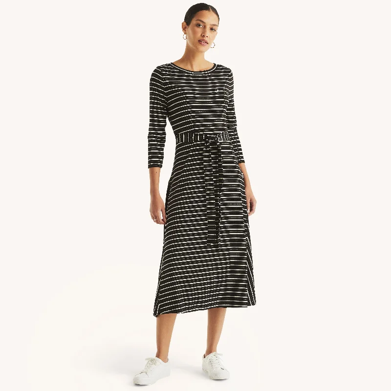 Midi dresses with metallic accents-Nautica Womens Striped Belted Midi Dress