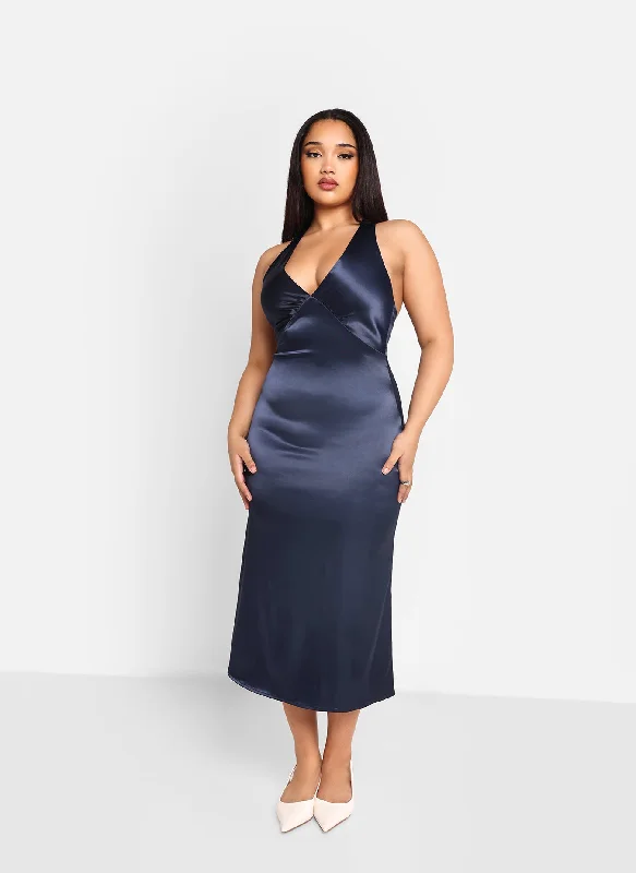 Midi dresses with tulle details-Freya Satin Halter Criss Cross Back Midi Shift Dress - Indigo