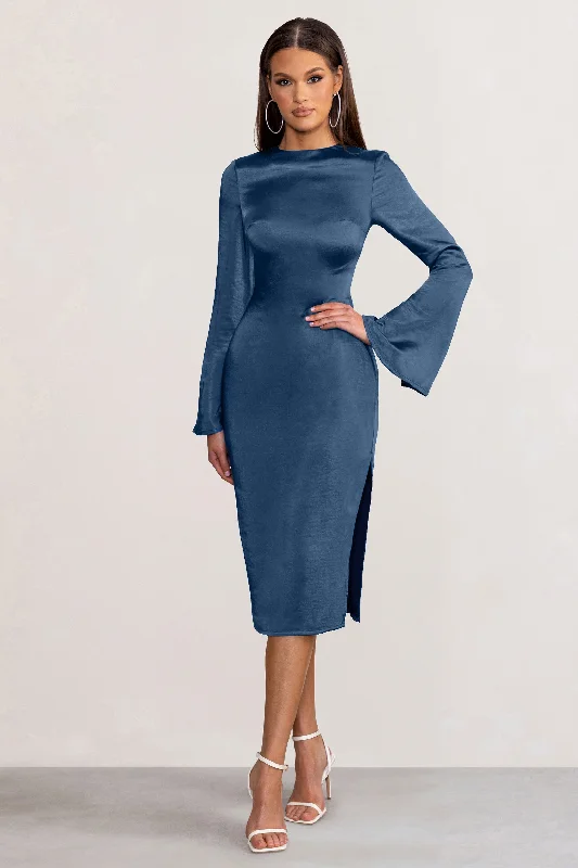 Midi dresses for a laid-back vacation-Laura | Navy Satin Long-Sleeve Midi Dress