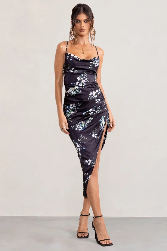 Midi dresses for a day out with friends-Risk It All | Black Floral Print Cowl Neck Satin Asymmetric Hem Midi Dress