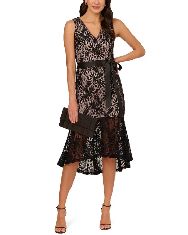 Comfortable midi dresses for travel wear-Adrianna Papell Lace Midi Flounce Dress