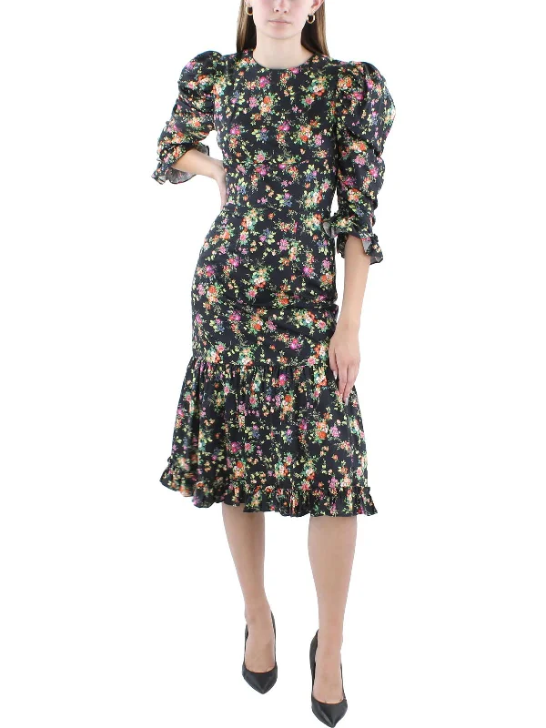 Elegant midi dresses for chic garden soirées-Womens Below Knee Puff Sleeve Midi Dress