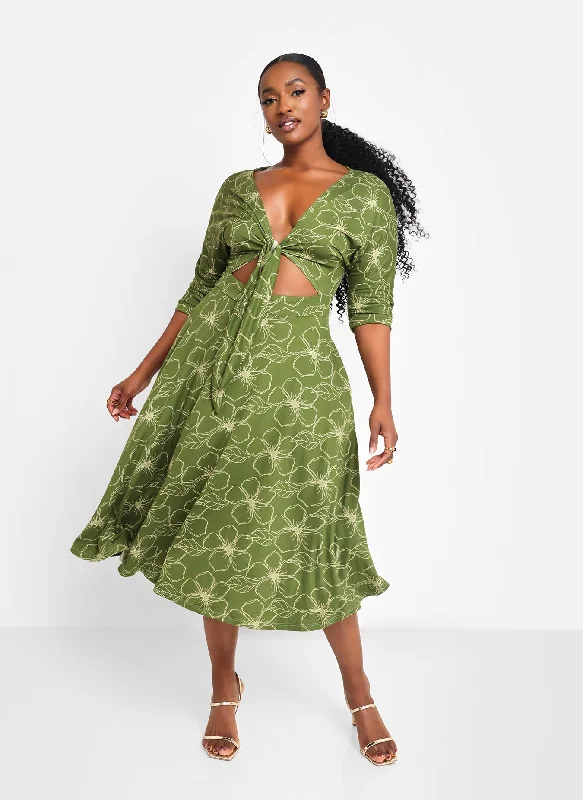 Midi dresses for casual family dinners-Sage Floral Cut Out Midi A Line Dress W. Pockets