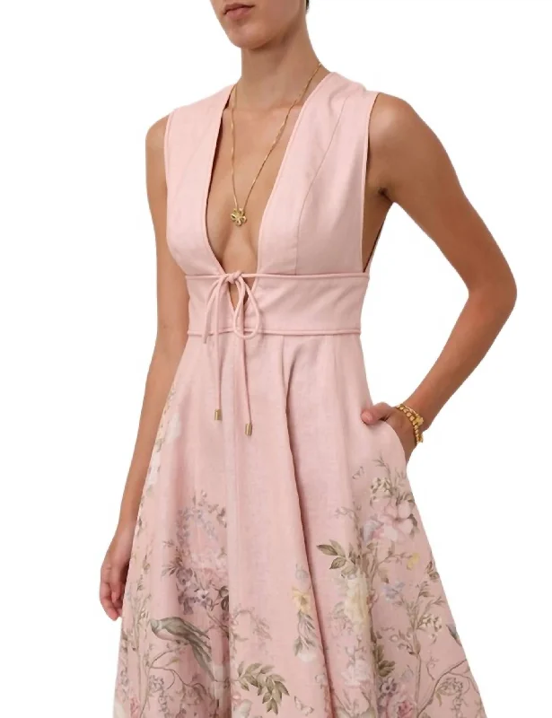 Stylish midi dresses for casual evenings-Waverly Plunge Midi Dress In Pink Floral