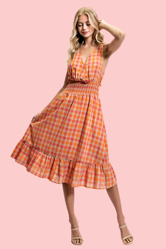 Stylish midi dresses for a trendy city escape-Lily Colorful Plaid Back Neck Tie Midi Dress