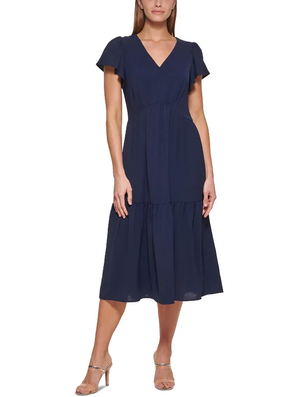 Midi dresses with balloon sleeves-Womens Crinkle Midi Fit & Flare Dress