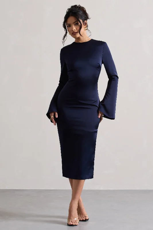 Midi dresses for relaxed weekend vibes-Zaina | Navy Long Sleeve Midi Dress with High Neckline