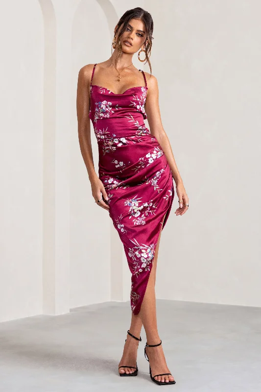 Midi dresses for outdoor summer weddings-Risk It All | Berry Floral Print Cami Cowl Neck Satin Asymmetric Hem Midi Dress