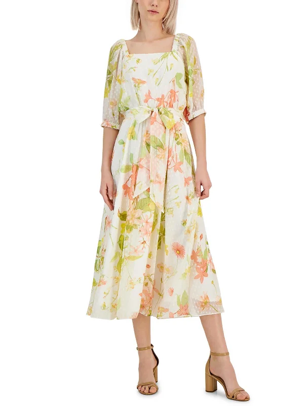 Midi dresses for casual family dinners-Womens Floral Print Chiffon Midi Dress