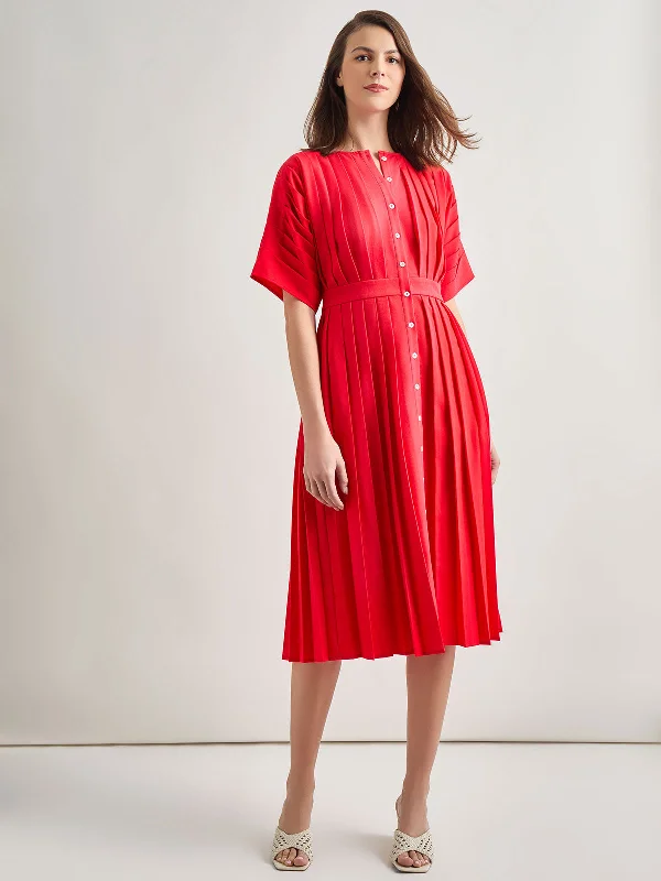 Midi dresses for a laid-back vacation-Midi Fit & Flare Dress - Hand Pleated Woven