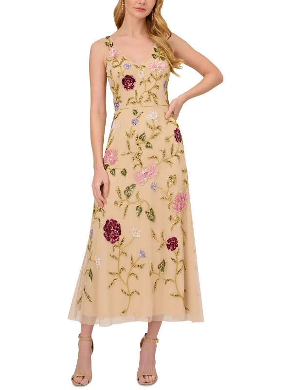 Midi dresses with artistic embroidered designs-Womens Embellished Polyester Midi Dress