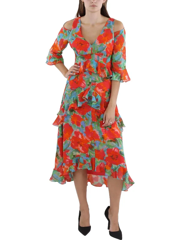 Midi dresses for a cozy winter evening-Womens Floral Print Midi Fit & Flare Dress