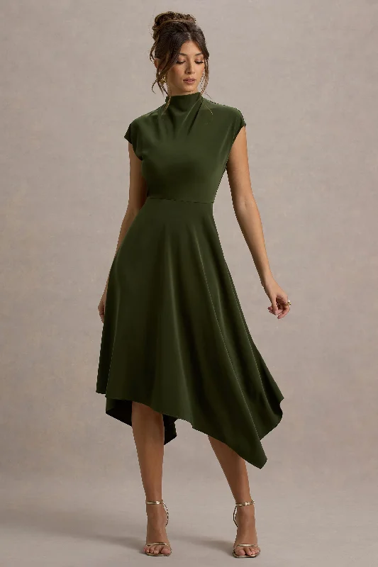 Midi dresses for a fashionable workday-Velma | Olive Satin Midi Dress With Draped Hem