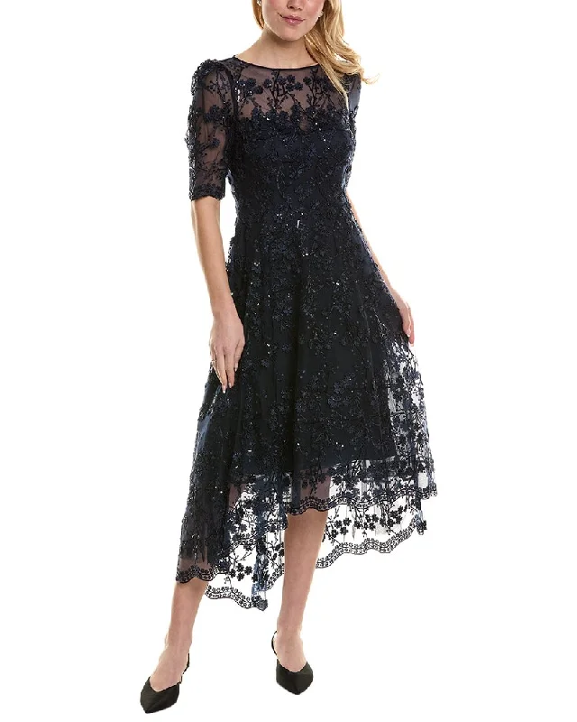 Midi dresses for casual outdoor activities-Teri Jon by Rickie Freeman Embroidered Lace Midi Dress