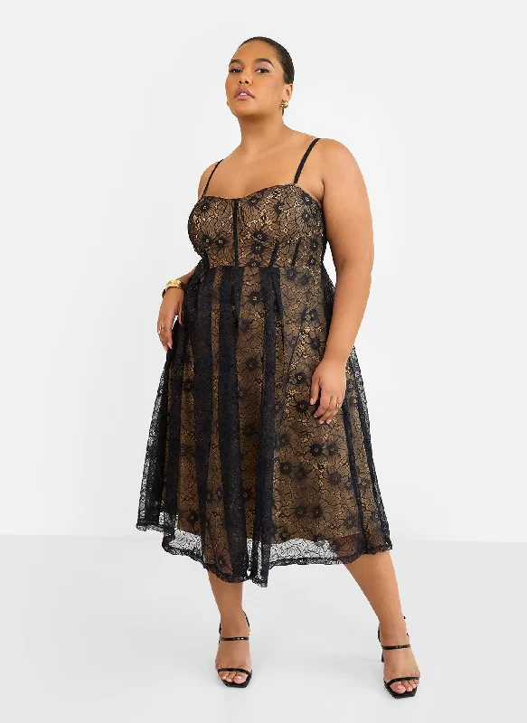 Midi dresses for elegant holiday gatherings-Lorelei Lace Overlay Midi A Line Dress - Black