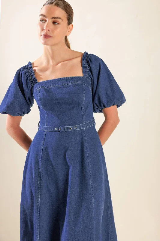 Midi dresses for daytime wedding celebrations-ALL SPRUCED UP DENIM MIDI DRESS