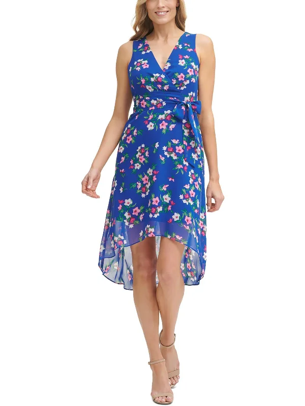 Midi dresses for afternoon picnics-Petites Womens Chiffon Printed Midi Dress