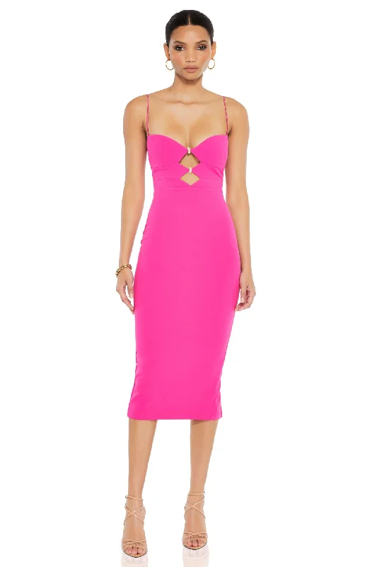 Midi dresses with balloon sleeves-Nookie Muse Midi Dress - Neon Pink