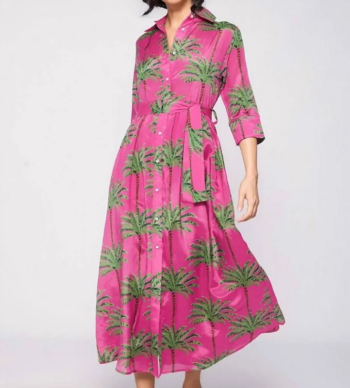 Midi dresses for a formal gala-Natalia Palm Midi Dress In Pink Multi