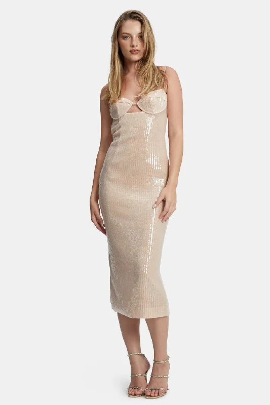 Midi dresses for casual weekend dinners-Luna Sequin Midi Dress - Nude