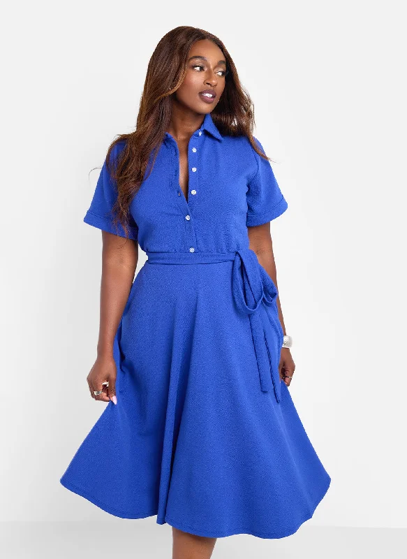 Trendy midi dresses for the fashion-conscious-Allow Me Floral Print Button Top Skater Midi Dress - Blue