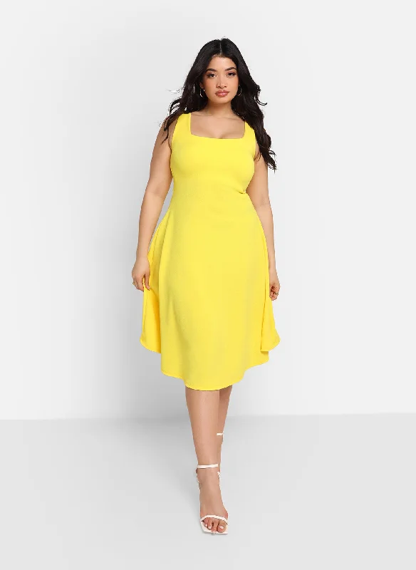 Comfortable midi dresses for casual office wear-Nathalie Square Neck Midi A Line Dress - Bright Yellow