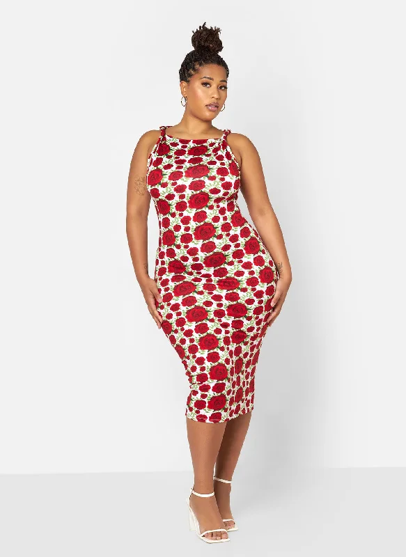 Midi dresses for a chic family gathering-Ella Floral Knotted Strap Bodycon Midi Dress