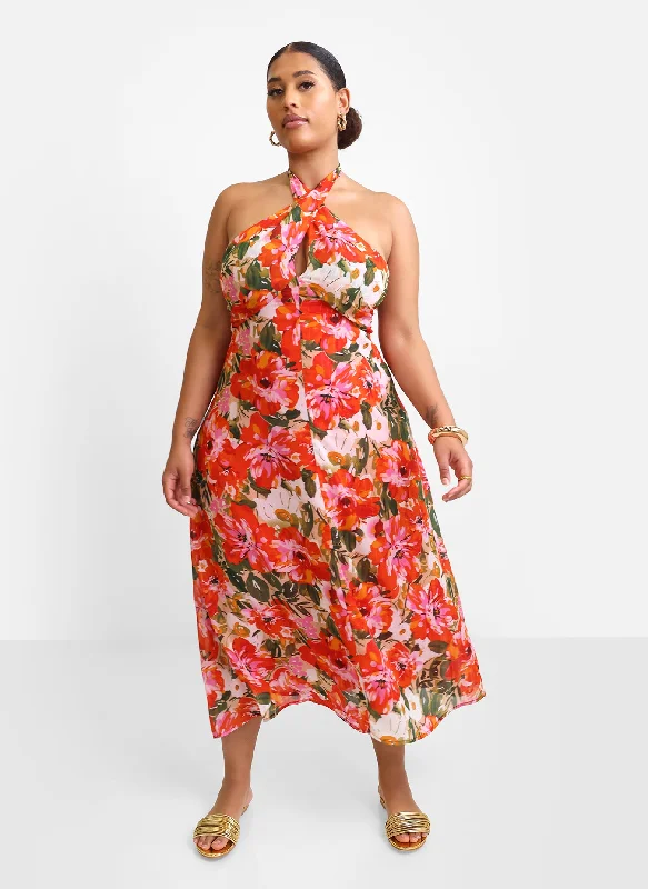 Midi dresses for casual evening outings-Giada Floral Halter Midi Slip Dress