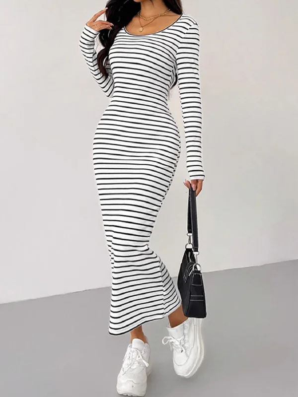 Midi dresses for a spring afternoon outing-Striped Scoop Neck Long Sleeve Midi Tee Dress