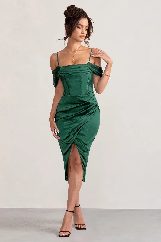 Midi dresses for a beachside celebration-Deserving | Bottle Green Satin Bardot Sleeve Corset Wrap Midi Dress