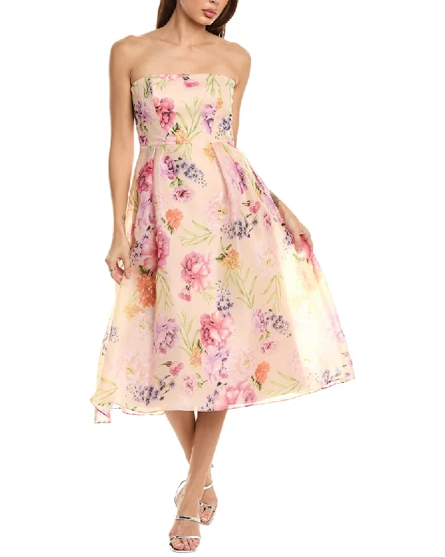 Midi dresses with floral puff sleeves-Alfred Sung Strapless Midi Dress